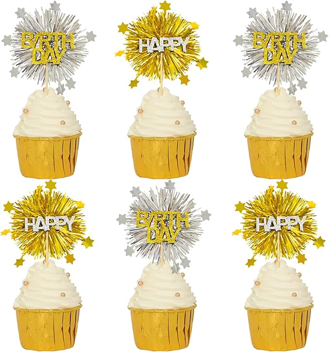 LOLStar 12 PCS Happy Birthday Cake Toppers, Gold and Silver Foil Cupcake Toppers, Glitter Tinsel Cupcake Decor, Food Picks Drink Stirrers Cocktail Toothpicks for Celebrating Party Supplies
