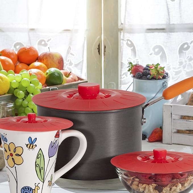 Silicone Bowl Lids Red, Set of 5 Reusable Suction Seal Covers for Bowls, Pots, Cups. Food Safe Natural grip, interlocking handles for easy use and storage.