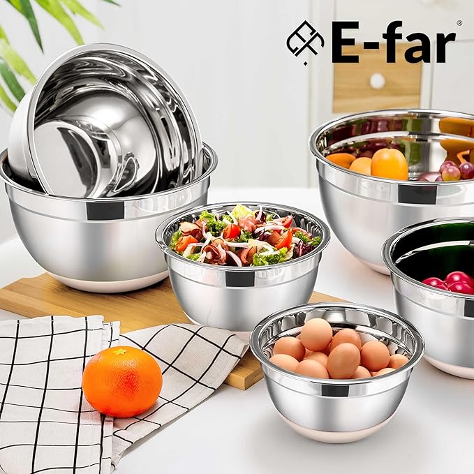 E-far Stainless Steel Mixing Bowls with Lids Set, 5-Piece Nesting Salad Bowls with 3 Grater Attachments and Non-Slip Bottoms, Size 4.6, 2.6, 2, 1.5, 1QT for Kitchen (Khaki)