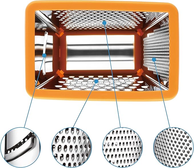 Spring Chef Handheld Stainless Steel XL Parmesan Cheese Grater with Handle - 4 Sided Manual Box Grater for Kitchen - Dishwasher Safe Cheese Shredder for Carrot, Potato, Vegetables, Hash Brown - Mango