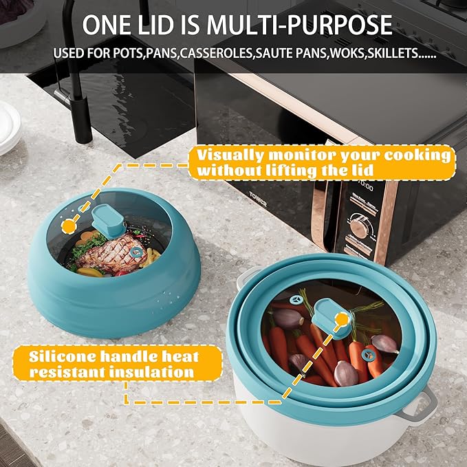 Microwave Splatter Cover, Vented Silicone and Glass Cover Splatter Guard Lid, Food Collapsible Plate Cover Lid with Easy Grip Handle. (Blue, 9 inch)