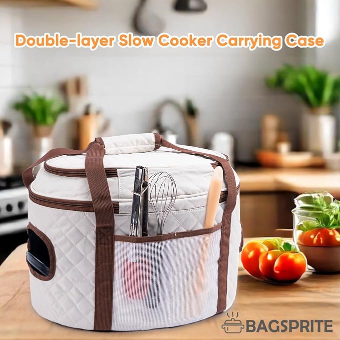 BAGSPRITE Double-layer Slow Cooker Carrying Case Compatible with 6-8 Quart Crockpot Carrier for Hot Food and Hamlton Beach Slow Cooker Tote with Lid Fastener for Crock-pot Dust Cover Applicances