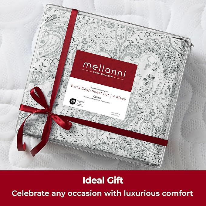 Mellanni Extra Deep Twin Sheets - 3 PC Iconic Collection Bedding - Hotel Luxury, Ultra Soft, Cooling Bed Sheets - Wrinkle, Fade, Stain Resistant (Twin, Paisley Gray)