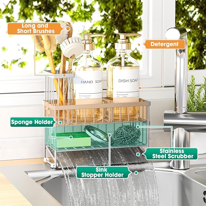 Sponge Holder for Kitchen Sink, 2 Tier Sink Caddy Organizer with High Brush Holder, Self-Draining Sponge Holder for Sinks, Soap Dispenser Organizer, Rustproof 304 Stainless Steel, Silver