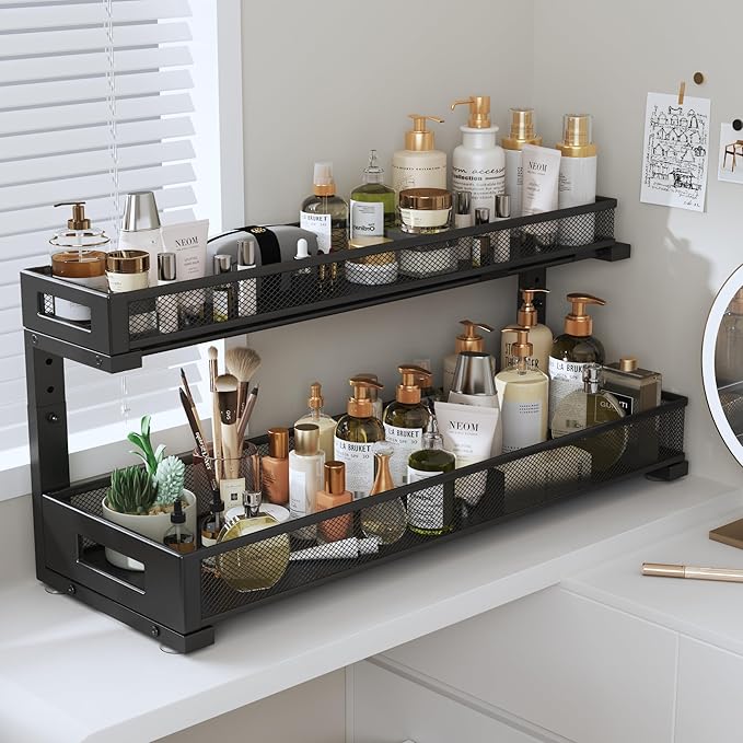 2 Pack 20.47IN Depth Under Sink Storage Organizer, Large 2-Tier Elegant Mesh Pull Out Shelf for Kitchen and Bathroom Cabinet Organization, L-Shaped and Adjustable Height Design-Black