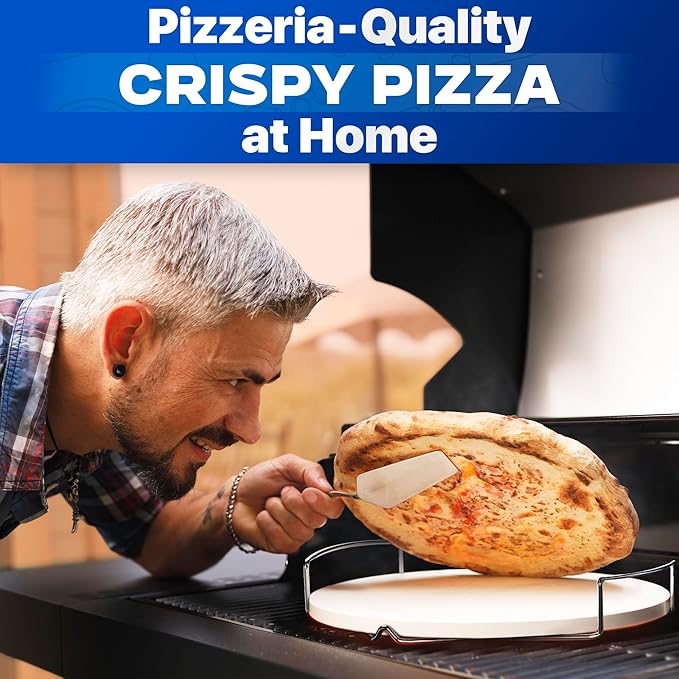 KitchenStar 12-inch Pizza Stone for Oven and BBQ Grill with Handles, Round, 5/8" Thick - Natural Cordierite, 1800 °F Resistant, Baking Stone Set with Stainless Steel Rack & Plastic Scraper Tool