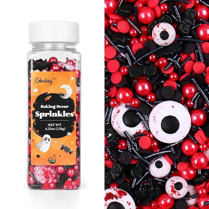Halloween Sprinkles for Cake Decorating, Black & Red Pearl Sprinkles with Black Bats & Eyeball Candy, Perfect for Halloween Dessert Party 4.23 Ounce