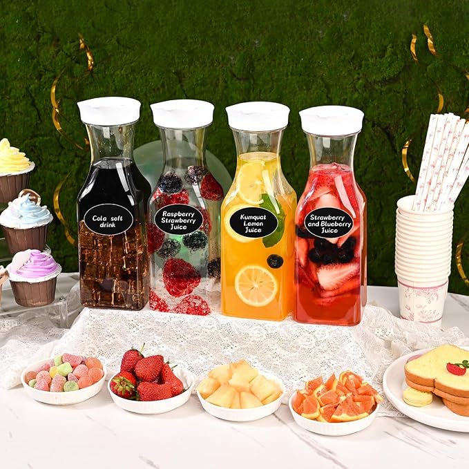 Set of 4 Plastic Carafe with Lid, 1 Liter Mimosa Bar Supplies, Large Square Base Juice Containers, Water Bottle, Milk Container, Clear Beverage Containers for Fridge