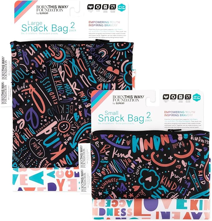 Bumkins - Cloth Snack & Sandwich Bags - For Storage, Travel, Food Prep, Lunch - Reusable, Water Resistant, Washable, Dishwasher Safe - Snack Bags for Kids - Zipper Closure - BTWF Kindness - 4 Pack