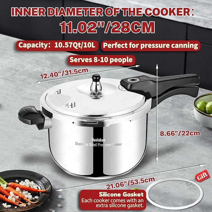 Stainless Steel Pressure Cooker 10 Quart All Stovetops Induction Compatible Food Grade Heavy Duty Multi Safety System Durable Body Handle for Home and Commercial Use, Deeluban