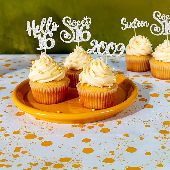 Gyufise 24Pcs 16th Birthday Cupcake Toppers Silver Glitter Hello 16 Sweet 16 Cupcake Picks 2009 16th Birthday Cake Decorations for Celebrating 16th Birthday Anniversary Party Supplies