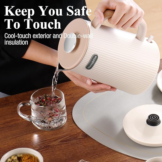Nueve&Five 1.7L (57oz) Large Electric Kettle Perfect for 7+Cups of Tea and Coffee,2 quarts Double Wall Big Electric Tea Kettle,Auto Shut Off,1200W Hot Water Kettle Electric -Cream White