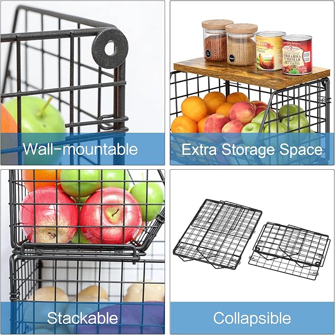 X-cosrack 2-Tier Stackable Wire Baskets for with Wood Lid, Wall Hanging Baskets for Potato and Onion Storage, Fruit Basket for Kitchen Counter, Metal Baskets for Snack Produce Cans