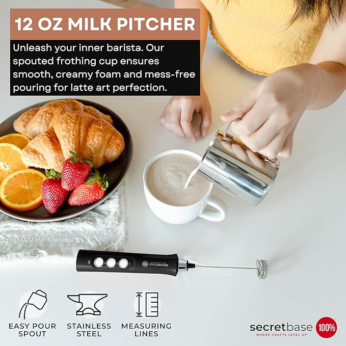 Secretbase 3 Speed Rechargeable Milk Frother and Cup Set, Cordless USB Charging Cradle - Handheld Milk Frother, Double-thickness Whisk, Tiny Egg Beater, Mini Electric Coffee Stirrer(Black)