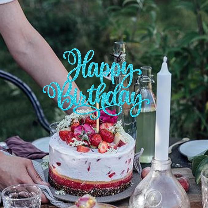 ZHUOWEISM 1 PCS Happy Birthday Cake Topper Glitter Cake Pick for Celebrating Anniversary Party Cake Decorations Supplies Lake Blue
