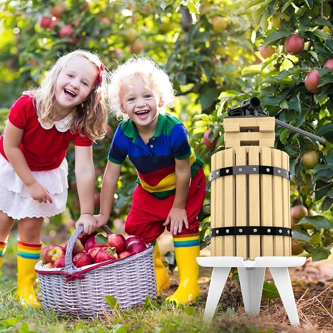 SQUEEZE master Fruit Press- 1.6 Gallon/6L-Solid Wood Basket Wine Press-Vintage traditional juicer-6 Press Wooden Blocks-Pole Handle Bar for Juice,Wine,Cider-1 free filter bag included