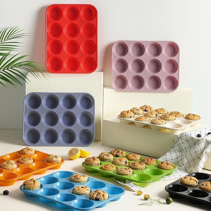 2 Pack 12 Cups Silicone Muffin Pan with Metal Reinforced Frame Regular Size Silicone Molds Cupcake Cake Baking Pans Baking Cupcake Mold Best Baking Pans Tart Pan Sheet Set Reusable Cupcake Liners