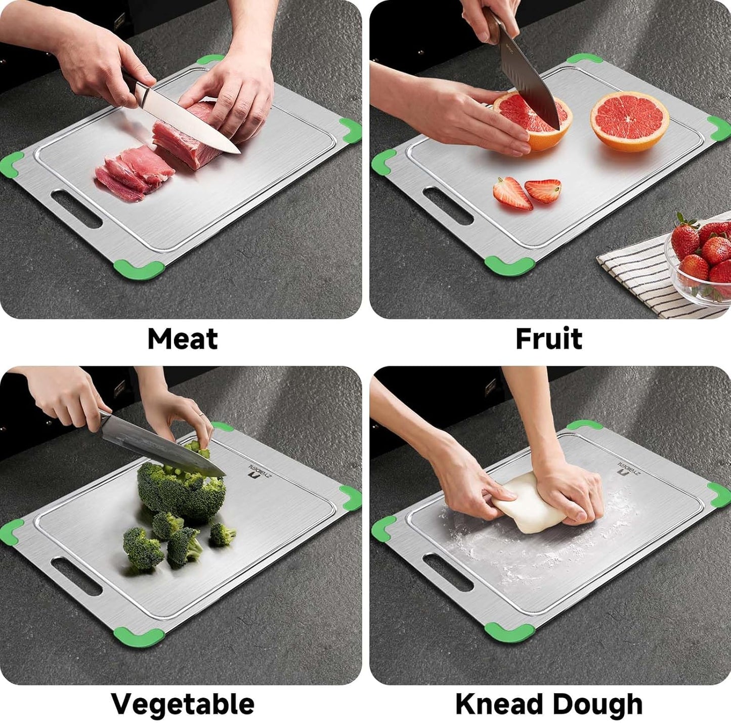 100% Pure Titanium Cutting Board with Grooves, Update Double Side Titanium Chopping Board, Silicone Anti-slip Stainless Cutting Boards for Kitchen 12 * 18 IN, Green
