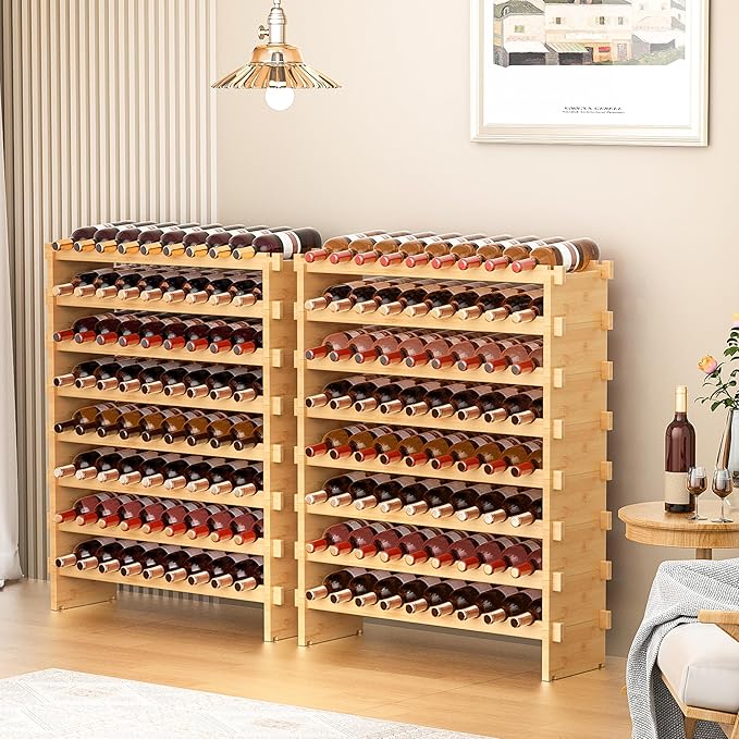 VASMIA Bamboo Stackable Wine Rack,72 Bottles Wine Rack Freestanding Floor,No Tools Assembly,8-Tier Display Wine Storage Shelf for Kitchen, Bar, Dining Room,Cellar,Natural