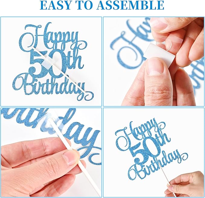 50th Birthday Cake Decorations, 50th Birthday Candles Cake Numeral Candles and Glitter Happy 50th Birthday Cake Toppers Set for Birthday Party Supplies (Blue)