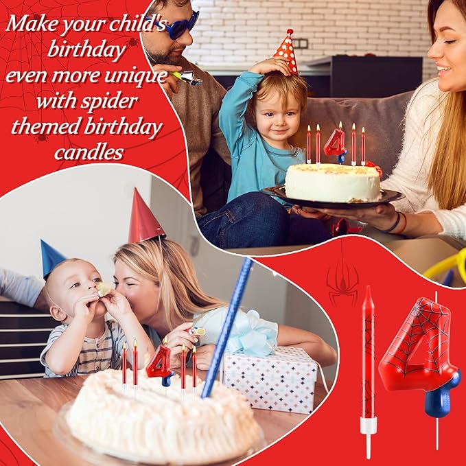 13 Pcs Spider Themed Birthday Candle Set Red Spider Theme Number 4 Candle Cake Topper for Boys Girls Birthday Decoration Spider Party Decoration Supplies (Number 4)