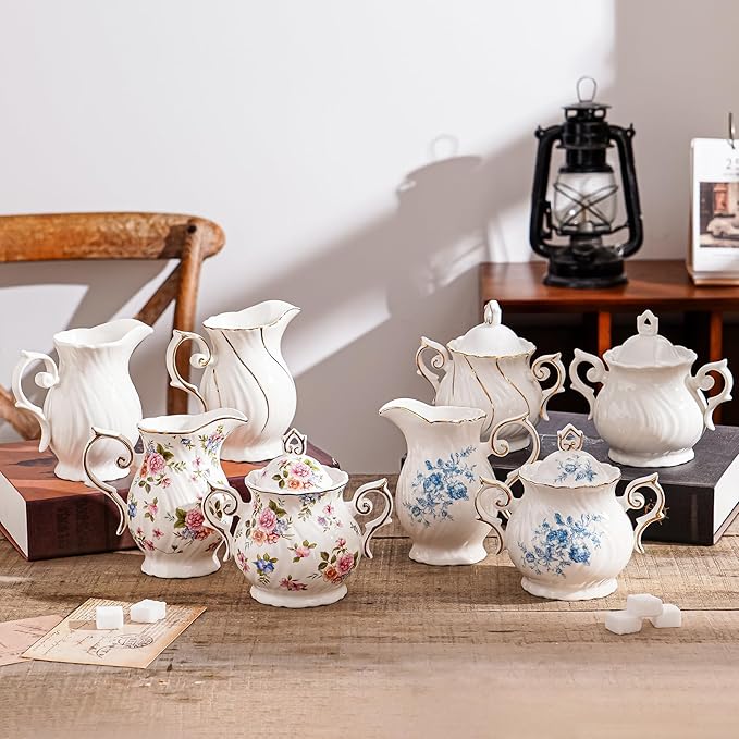 Sugar and Creamer Set Ceramic, Creamer Pitcher and Sugar Bowl with Lid,Sugar Cube Dish Coffee or Tea (White with blue flower)