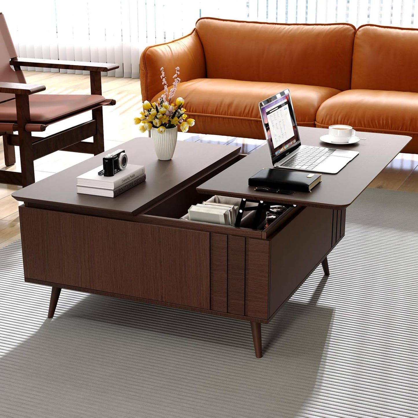 Lift Top Coffee Table, Mid Century Modern Center Table with Large Hidden Storage Compartment, 36" Square Coffee Tables for Living Room, Home Office, Dark Walnut