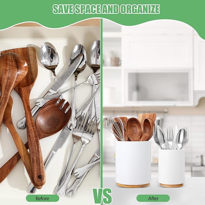 2 Pack Wooden Utensil Holder, 360°Rotating Kitchen Cooking Utensil Crock, Spoon Spatula Holder for Kitchen Counter, Farmhouse Countertop Organizer(White,Round)