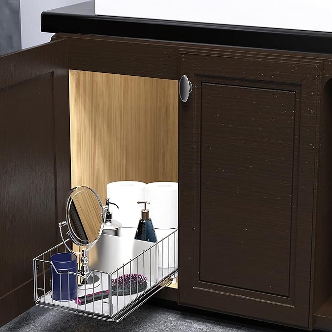 Simple Houseware Pull-Out Cabinet Sliding Basket Organizer, 17.2" D x 9.7" W x 5" H – Chrome Finished, Ideal for Kitchen and Bathroom Cabinet Storage, Under Sink or Pantry Organization