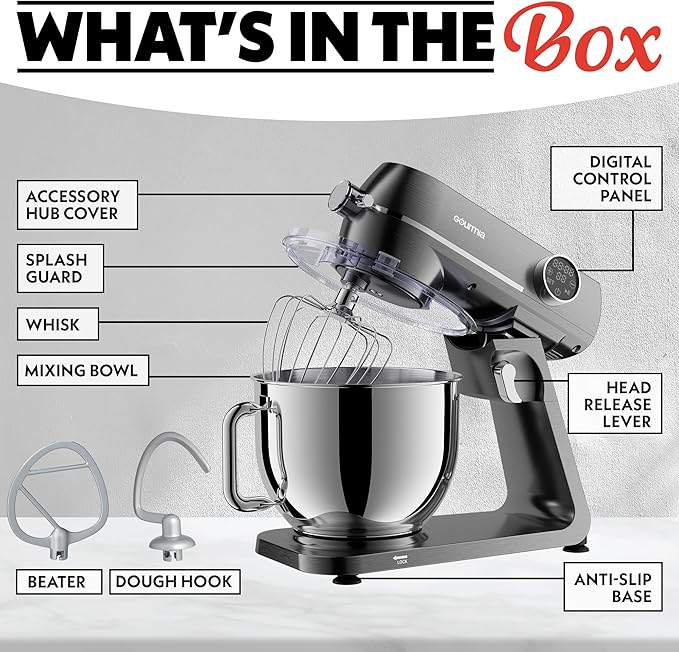 Gourmia 7 Qt Stand Mixer w/Attachments, Bowl Shield, Dough Hook, Whisk & Beater - 10-Speed Heavy Duty Kitchen Countertop Electric Dough Mixer