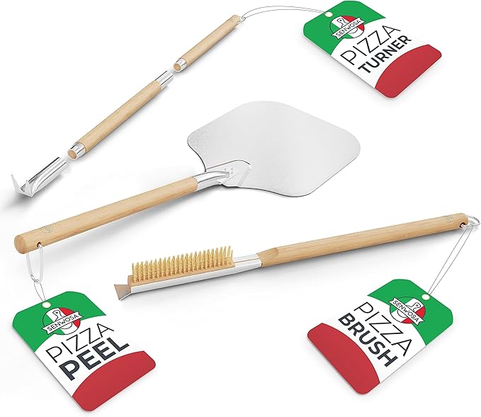 Pizza Oven Accessories Set - 3 Piece Pizza Making Kit with Pizza Peel, Pizza Oven & Stone Brush with Scraper, Turning Fork & Bubble Popper - Tools for Indoor Outdoor Brick Wood Gas Ovens