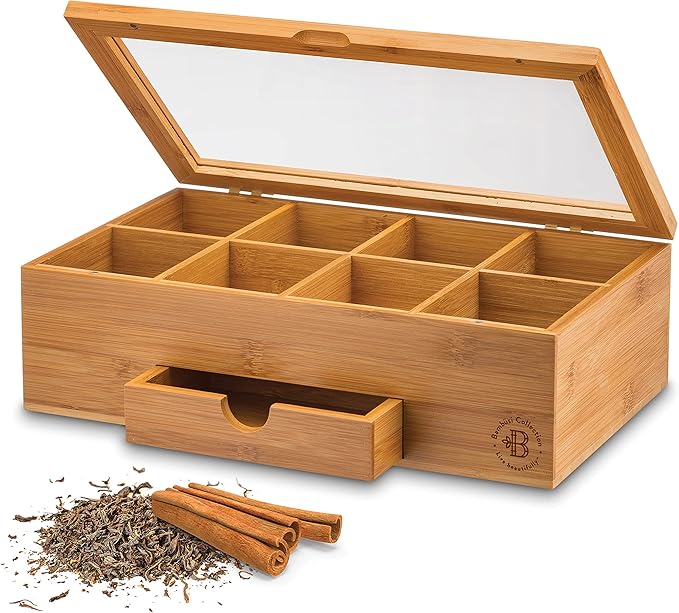 BAMBUSI Tea Bag Organizer - Bamboo Tea Box Storage with Drawer & Acrylic Window, Tea Organizer Holder, Tea Bag Holder, Tea Storage Box, Tea Box Organizer, Gift Idea for Home Kitchen (Tea Not Included)