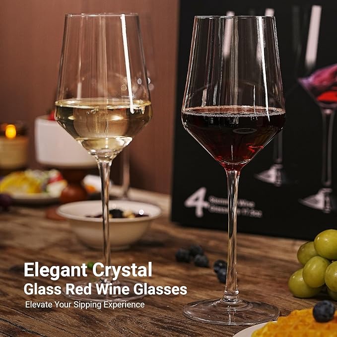 MICHLEY Long Stem Crystal Wine Glasses Set of 2-17.6 oz Lead-Free Crystal Glassware for Red & White Wine,Elegant Drinking Cups for Weddings, Parties, Gifts
