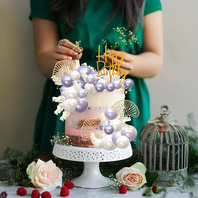 Gyufise 57Pcs Purple Balls Cake Topper Boho Grass Cake topper Pearl Balls Acrylic Happy Birthday Cake Decorations for Wedding Baby Shower Birthday Boho Themed Party Supplies Pearl Purple