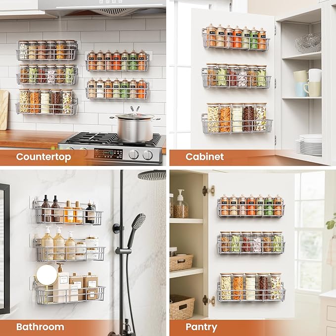 5 Pack Spice Rack Seasoning Organizer Wall Mount, Screw or Adhesive Hanging Shelf Basket Spice Organizer Shelf for Kitchen, Silver