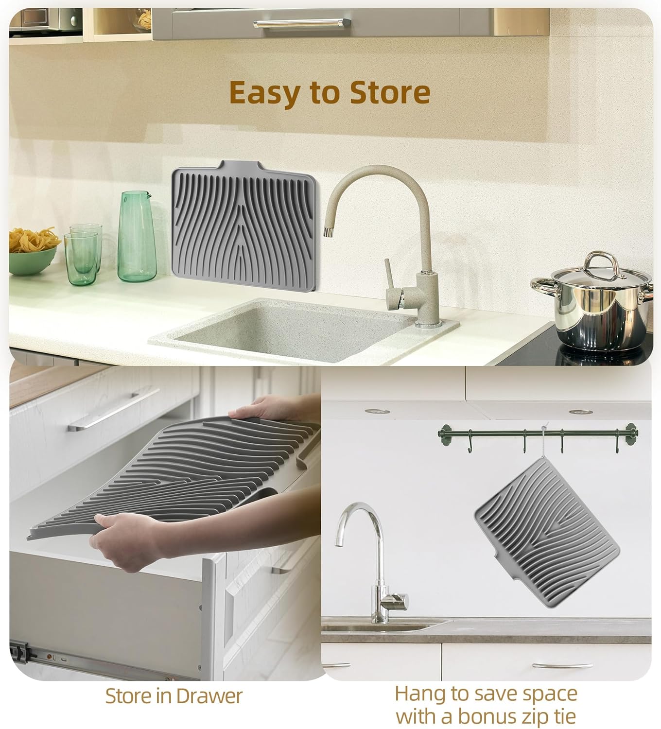 Fuyit Silicone Dish Drying Mat with Raised Drain Lip, Inclined Design, 16" x 13" Heat Resistant Non-Slip Mat for Kitchen Counter or Sink (Gray)