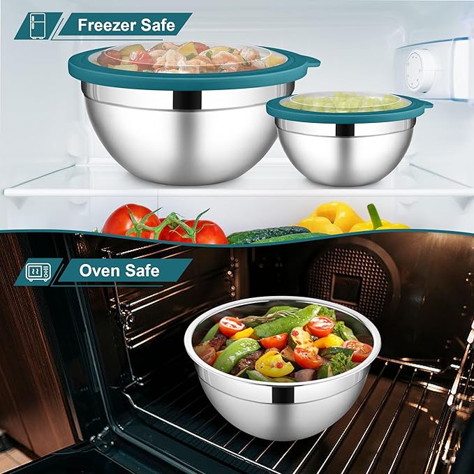 LIANYU Stainless Steel Mixing Bowls, 6 Packs Deep Metal Nesting Bowls Set for Baking Cooking Serving Prepping, Large& Small 7, 3.5, 2.5, 2, 1.5, 1QT Size, Include Visible Airtight Lid, Dark Blue