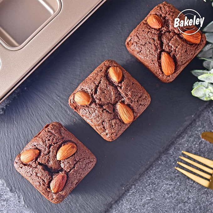 Brownie Cake Pan, 9-Cavity Non-Stick Square Muffin Pan Blondie Bakeware for Oven Baking (Champagne Gold)
