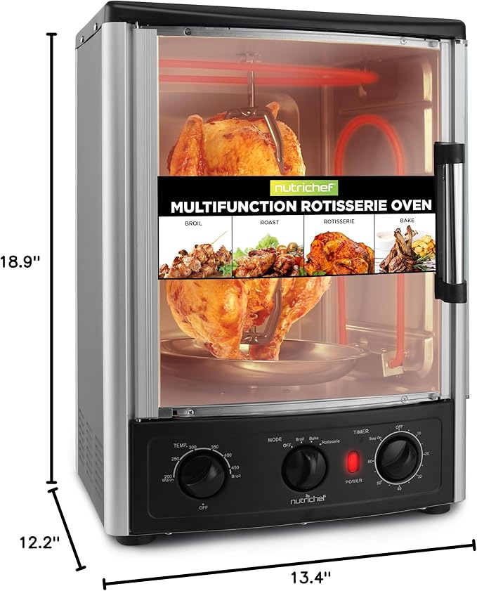 Nutrichef Vertical Countertop Oven with Rotisserie, Bake, Broil, & Kebab Rack Functions - Adjustable Settings - 2 Shelves - 1500W - Thanksgiving Turkey - Includes Grill, Kebab skewer racks & bake pan