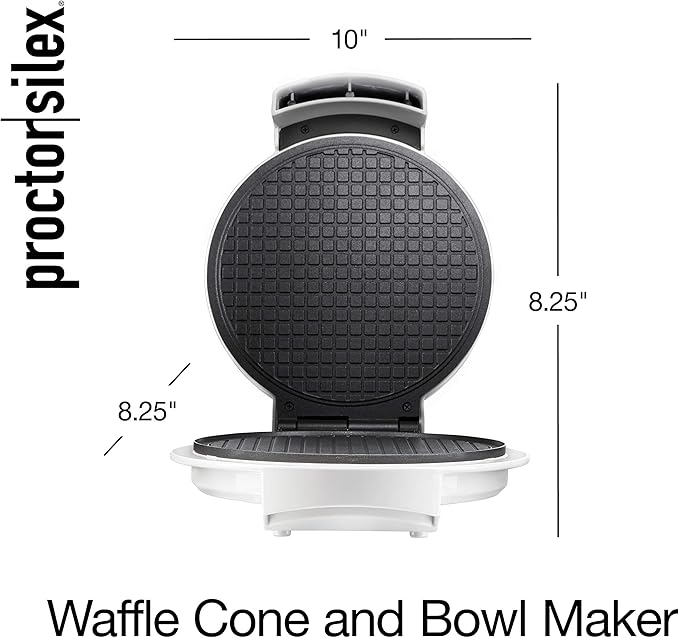 Proctor Silex Waffle Cone and Ice Cream Bowl Maker with Browning Control, Shaper Roller and Cup Press, 7.5” PFAS-Free Nonstick Plates, White (26410MN)