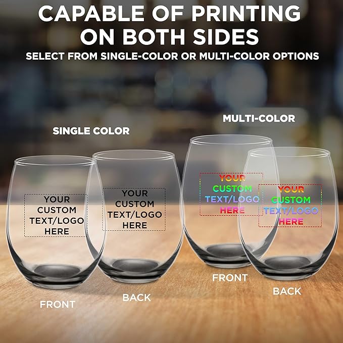 Custom Stemless Wine Glasses in Bulk by ARC Perfection, 15 oz, 10 pack, Personalized Text, Logo, Red or White Wine Glass Set, Black