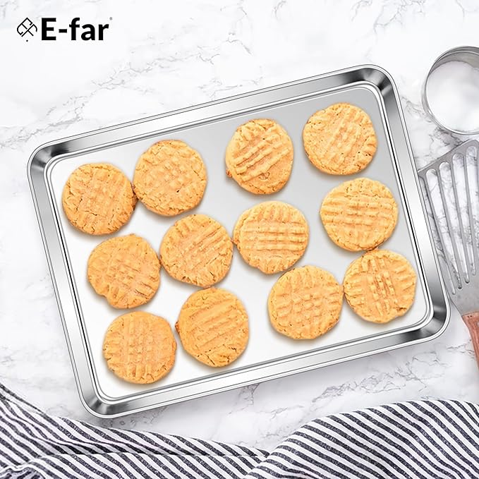 E-far Stainless Steel Baking Sheets Set of 4, 12.4” x9.7” Baking Cookie Sheets Pans for Oven, Non-toxic Metal Trays for Cake Cookies, Healthy & Rust Free, Mirror Finish & Dishwasher Safe