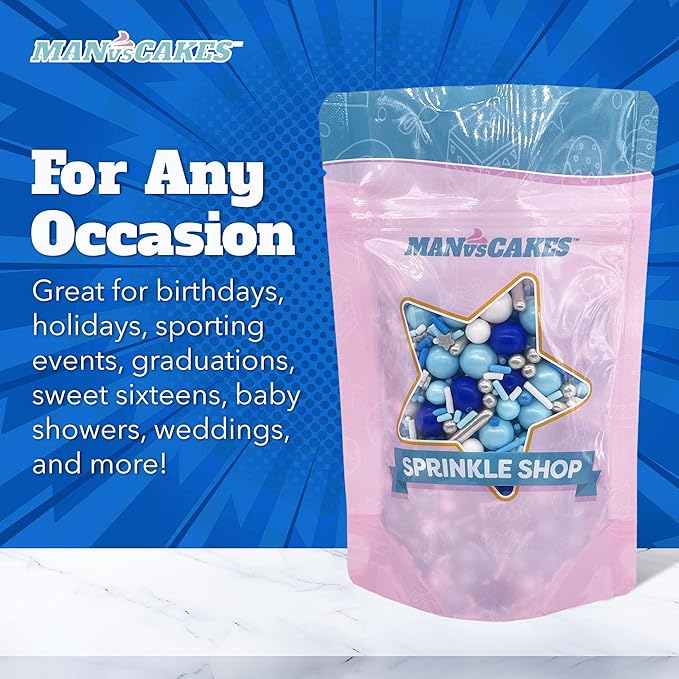 Manvscakes Sprinkles- Edible Cake and Cupcake Sprinkles with Assorted Shapes and Sizes for Parties, Metallic Sprinkle Mix for Cookies, Ice Cream, Cake and Cupcake Decorating, 4 oz, Blue sprinkles