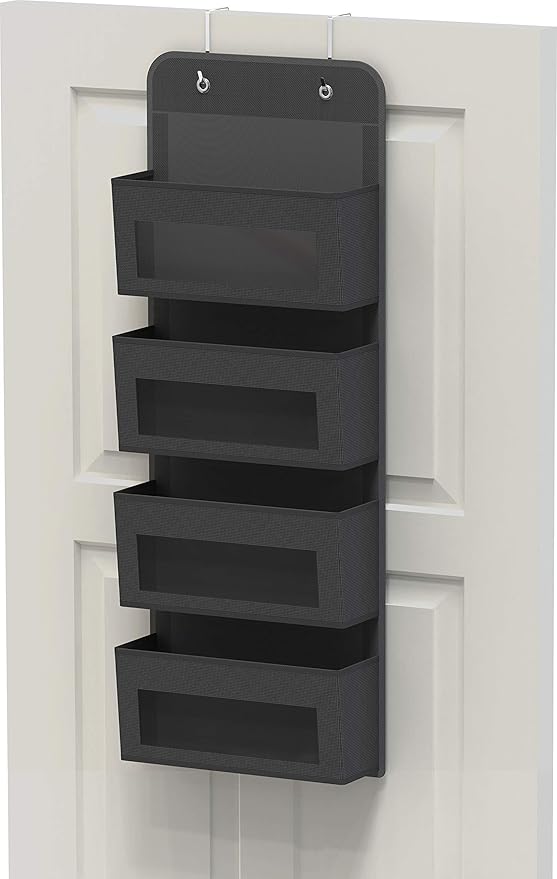 Simple Houseware 4 Clear Window Pocket Over Closet Door Storage Hanging Organizer for Bedroom, Bathroom, Pantry, Dark Grey