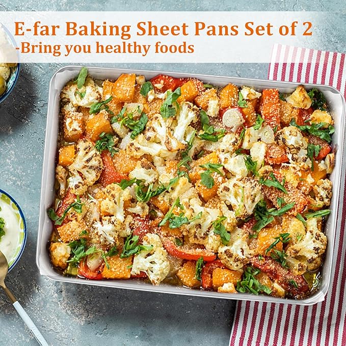 Small Baking Sheet Set of 2, E-far 10.5”x8.3” Stainless Steel Cookies Sheet Pan for Toaster Oven with 50 Parchment Paper, Rectangle Baking Tray for Cooking, Rust Free & Heavy Duty, Dishwasher Safe