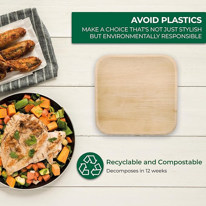 Palm Leaf Disposable Plates - Bamboo Plates Disposable 7" &10" Inch Square (25pc 7" & 25pc 10") - 100% Compostable & Biodegradable Plates - Heavy-Duty, Party Dinnerware Set - Microwave & Oven