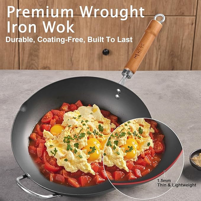 WANGYUANJI Carbon Steel Wok Pan, 13.4" Woks & Stir-Fry Pans with Glass Lid No Chemical Coated Flat Bottom Iron Wok for Induction, Electric, Gas, Halogen All Stoves