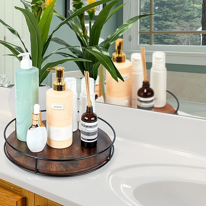 10 Inch Wood Lazy Susan, Rustic Brown Turntable Organizer with Steel Frame, 360 Degree Decorative Turntable for Countertop or Centerpieces