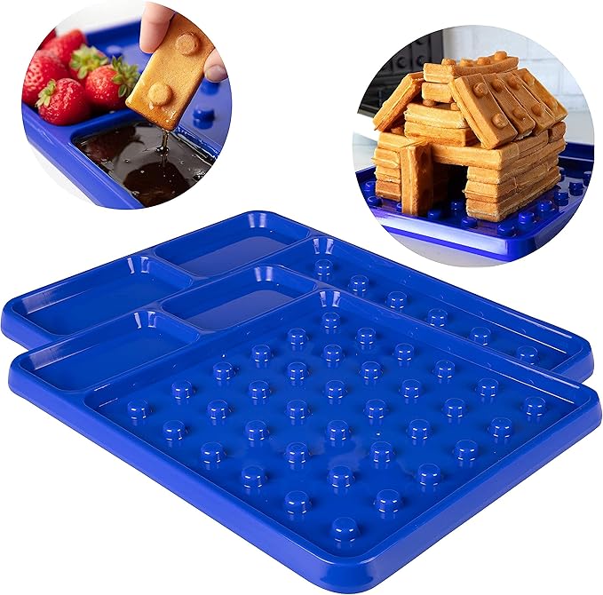 Building Brick Electric Waffle Maker- BLACK with 2 Construction Eating Plates- Cook Fun, Buildable Waffles or Pancakes in Minutes - Stack & Build Creations on Serving Dishes, Family Fun Activity Gift