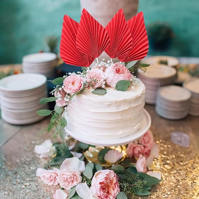 Gyufise 6Pcs Paper Palm Fan Cake Toppers Palm Spear Leaves Fan Cupcake Toppers Cake Insert Decorations Craft DIY Cake Bakeware Decoration for Birthday Party Wedding Party Decor Supplies Red